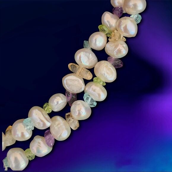 36” freshwater Pearl-citrine-topaz-amythyst-peridot rope necklace Sterling clasp - Picture 2 of 6